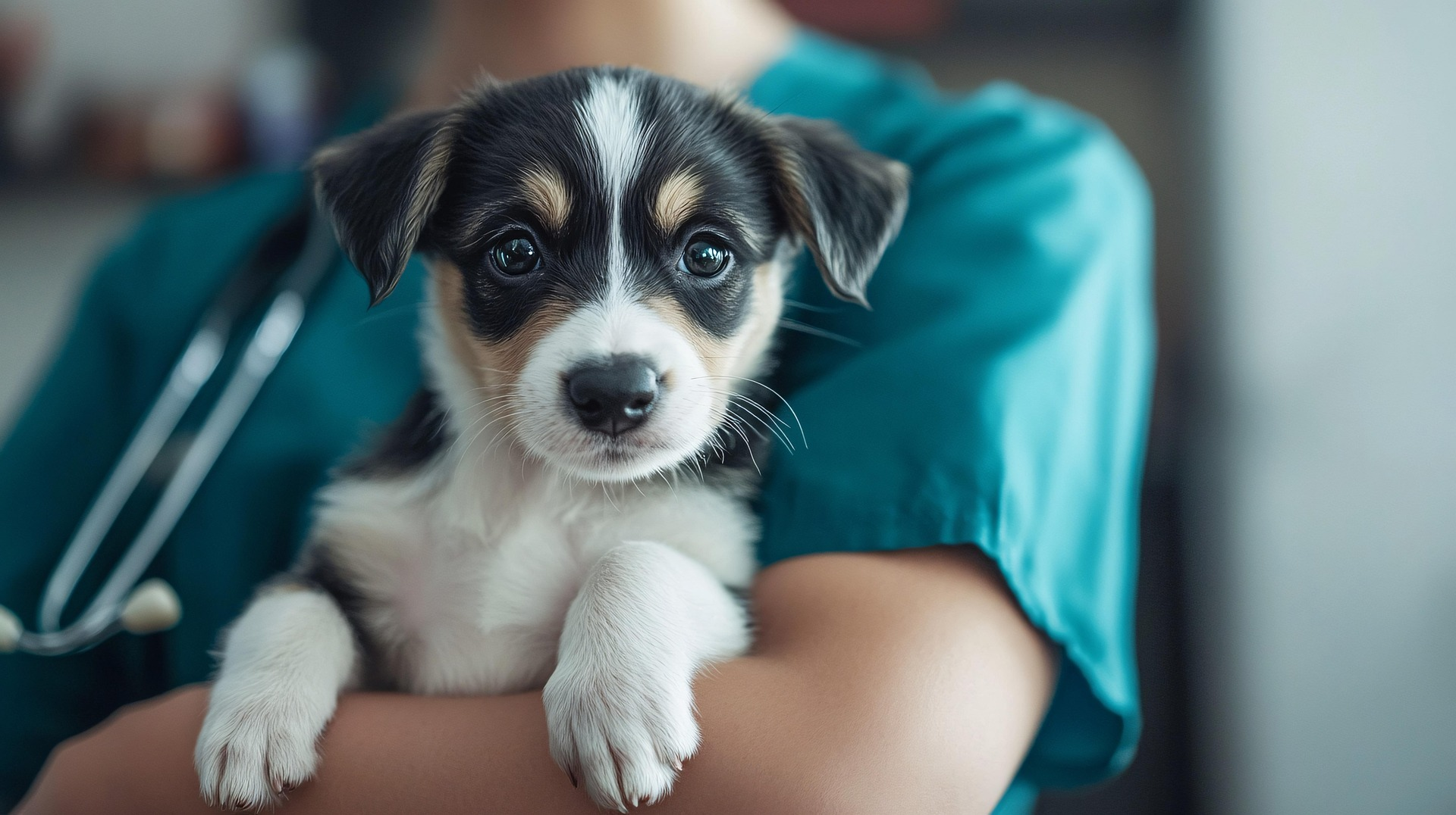 Puppy held by veterinarian wearing green scrubs and stethoscope