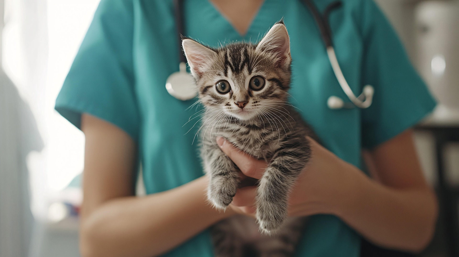 A kitten is held by a veterinarian wearing green scrubs and a stethoscope.